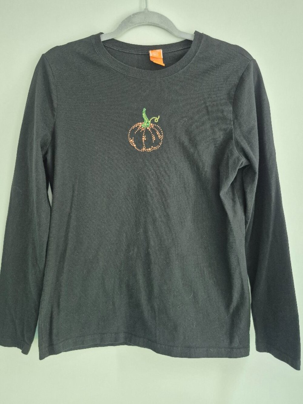 Black Pumpkin Rhinestone Long‑Sleeve Top – Halloween Festive Tee – Size L